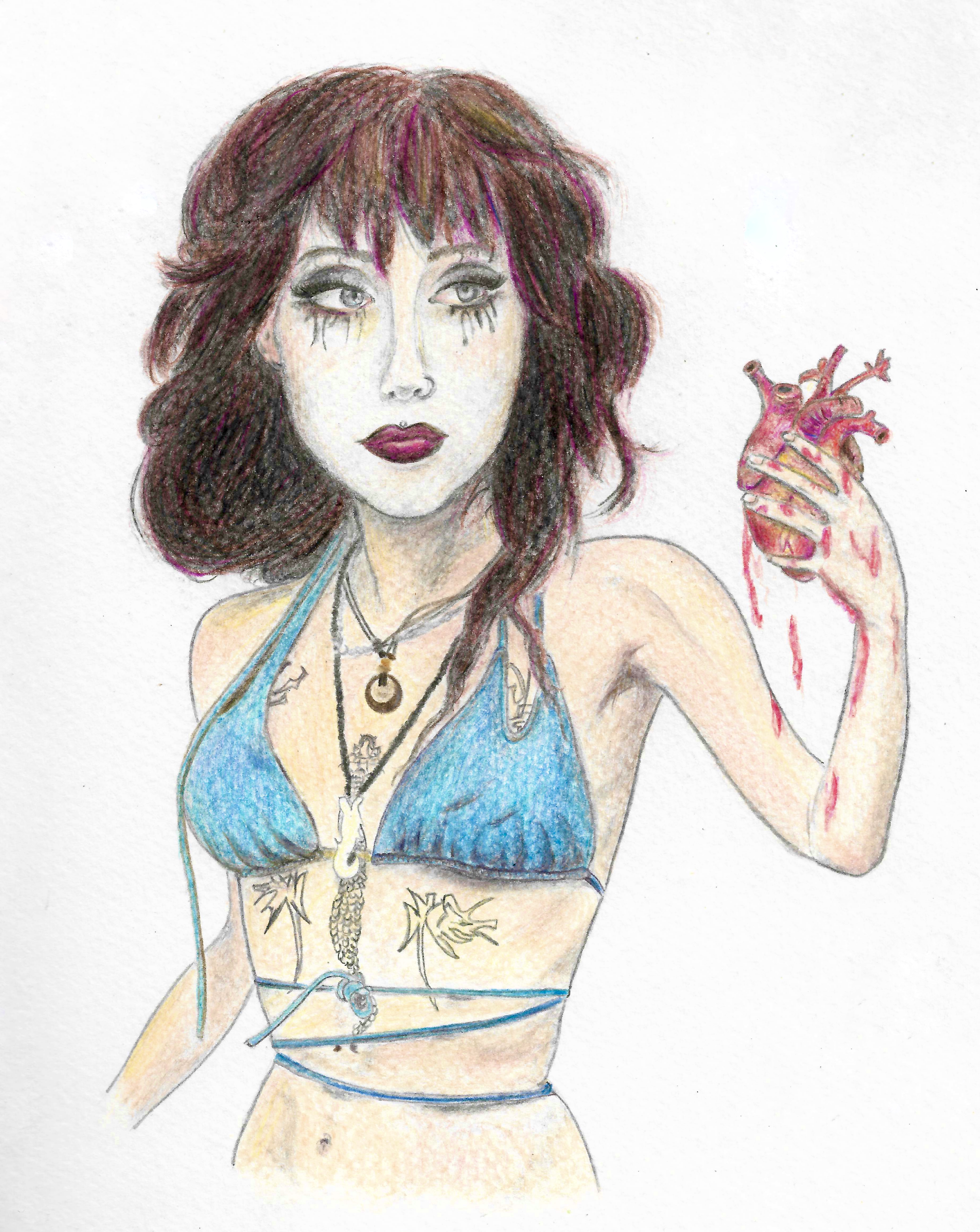 colour pencil drawing of my friend Epi holding a bleeding heart